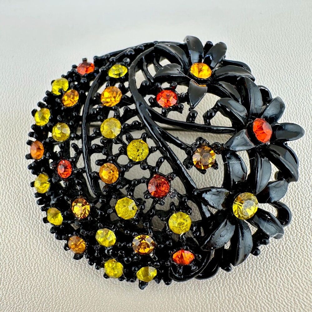 Vintage Rhinestone Brooch Japanned Black Enamel Flower Orange Yellow Open Work